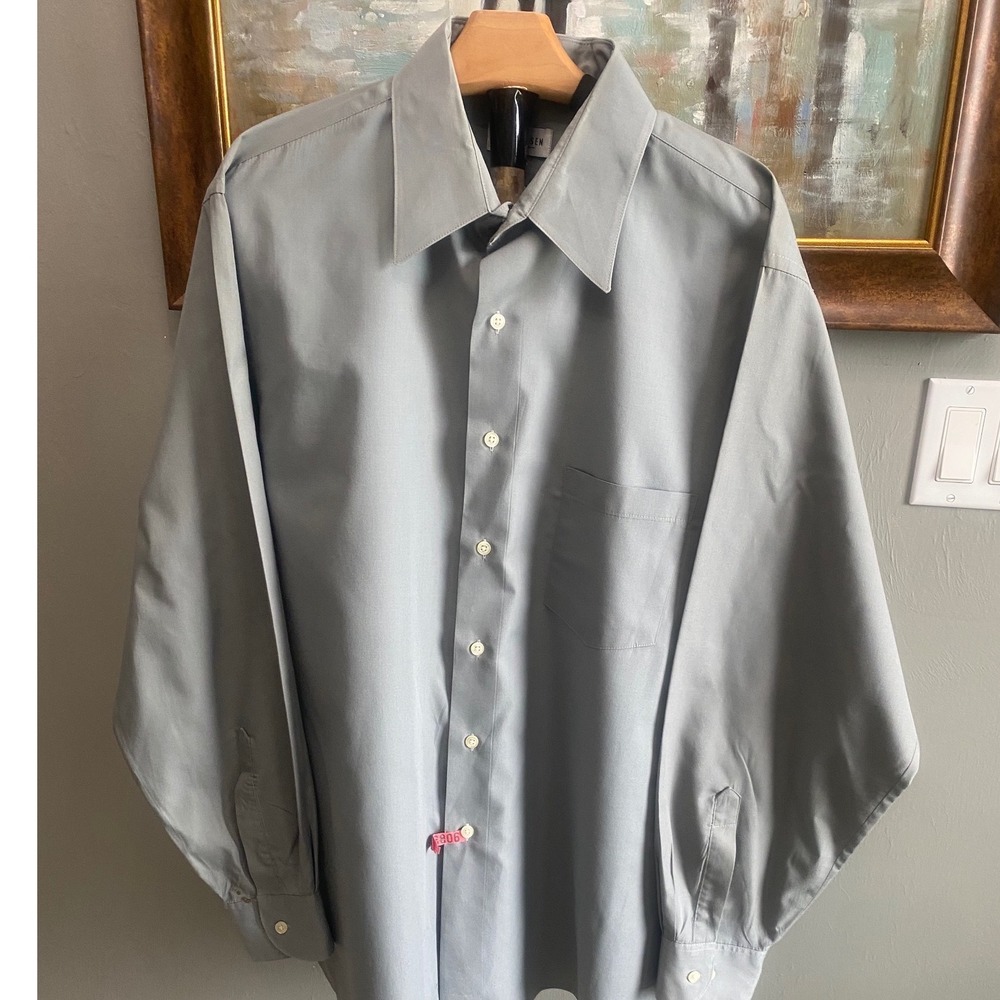 Van Heusen Mens Poplin Dress Shirt Sage Green Long‎ Sleeve Button Down 17 34/35